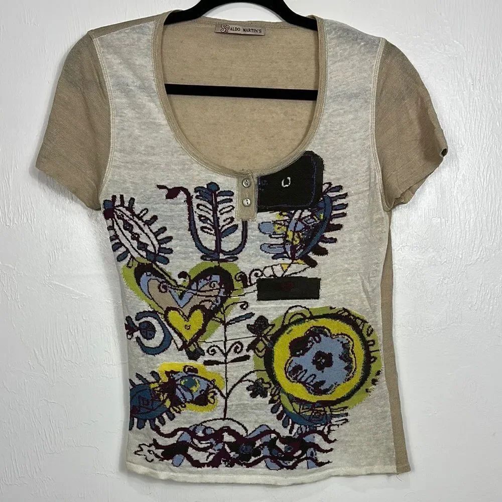 ALDO Martins Short Sleeve Scoop Neck Artistic Graphic Women's Top Size S